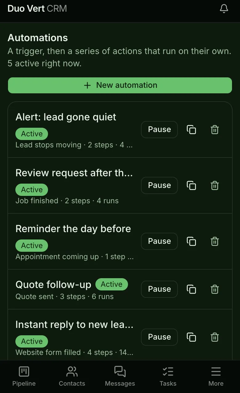 The automations on a phone: an alert when a lead goes quiet, a review request after the job, a reminder the day before, a quote follow-up, an instant reply.